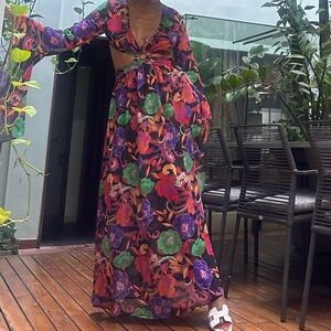 Vibrant Floral Maxi Dress with Cutout Detail